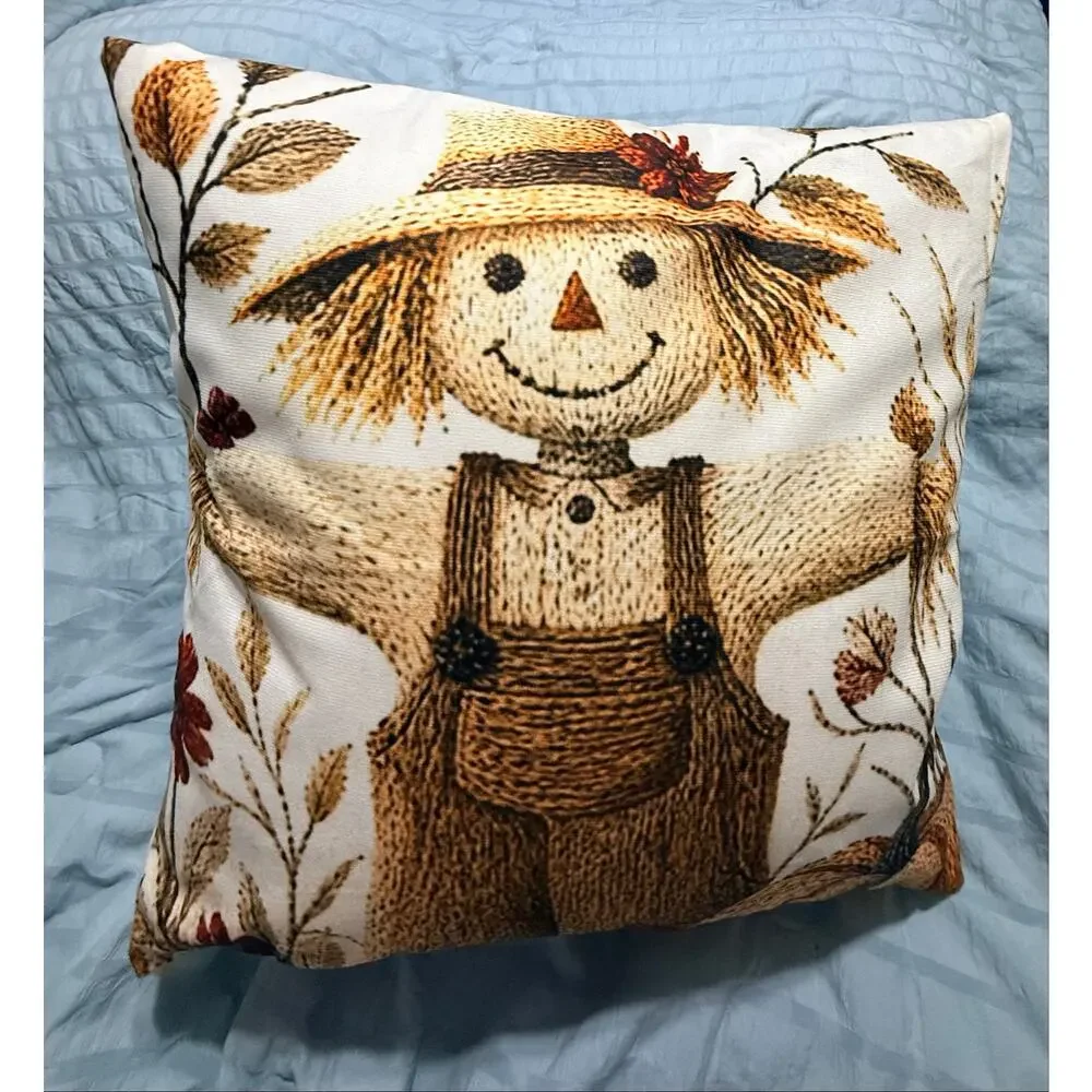 Flat Print Thanksgiving Farmhouse Style Pillow Non-Embroidered Scarecrow Pumpkin
